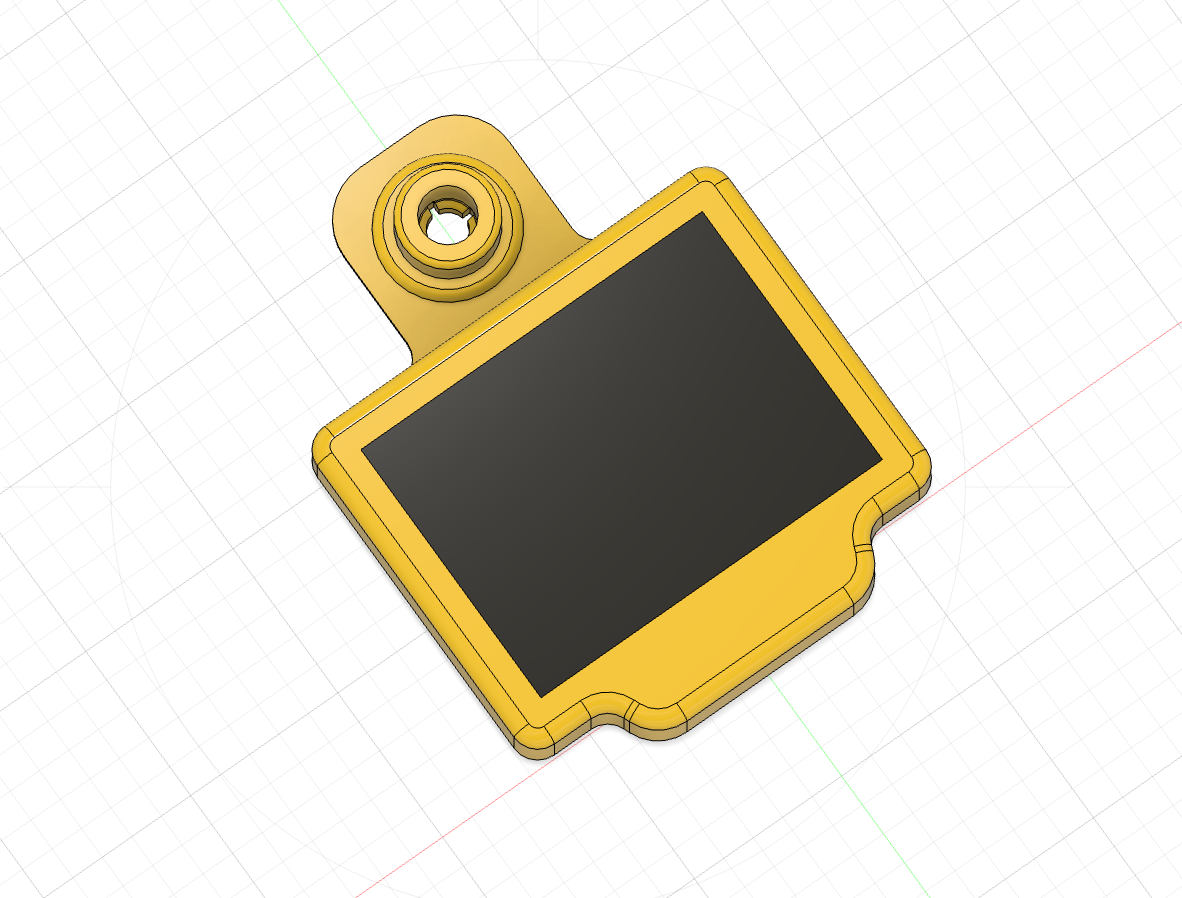 Angled CAD view of the yellow cattle tag enclosure with its dark solar-panel face
