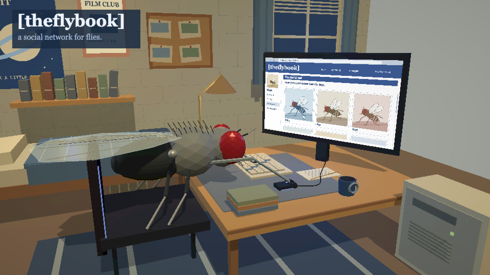 Rendered fruit fly at a dorm-room computer browsing profiles on The Flybook