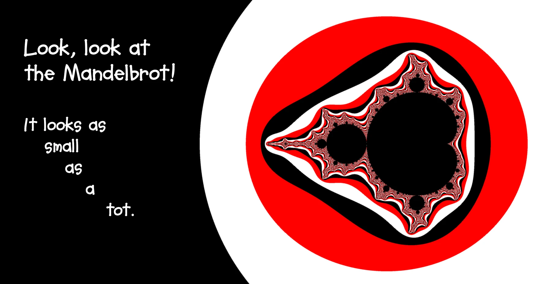Opening Mandeltot spread with the text Look, look at the Mandelbrot! and a large black, white, and red fractal