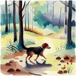 Storybooks watercolor-style sample of a dog in a forest
